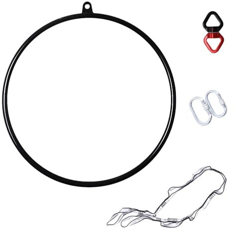 ZephyrGlow Aro aéreo Profesional y de iniciación - Lira para Hacer Acrobacias aereas, acróbatas de Circo, Lyra, trapecios, etc., Diámetro de 85 a 90 cm, con Hardware de Aparejo Completo,Black-90cm