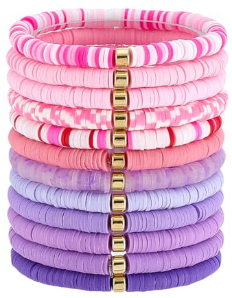PH PandaHall Surfer Heishi Clay Bead Bracelets, 12pcs Pink Polymer Clay Stackable Beads Bracelet Stretchy Friendship Boho Bracelet Summer Beach Jewellery Set for Women
