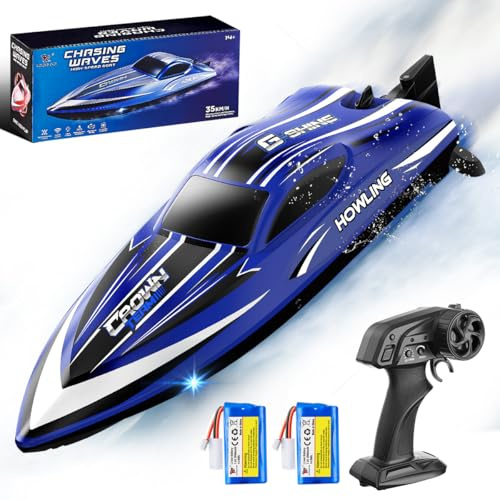 Ferngesteuertes Boot 35 km/h RC Boot, wasserdicht,2,4 GHz Fernsteuerung, LED, Flip-Funktion, Wasserkühlung, Akku- & Reichweitenalarm, 2 Batterien, für Kinder & Erwachsene, ideal für Pool & See
