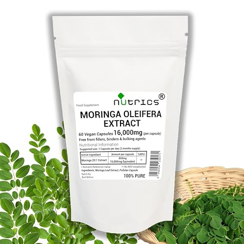 Nutrics® 16,000mg (per Capsule) Moringa OLEIFERA Extract 60 V Capsules - Moringa Leaf Nature's Multivitamins - No Additives 100% Pure, Free from fillers, Binders & Bulking Agents (60) 2 Months Supply