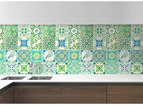 WALPLUS Turkish Green Self Adhesive Wall Tiles for Kitchen Bathroom 15x15cm(6) Removable Sticky Back Tiles for Walls Renovation 24 PCS