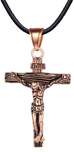 U7 Edelstahl Kreuz Halskette INRI Kruzifix Jesus Christus Anhänger mit 55cm Kunstleder Kette Rosegold vergoldet Katholischen Christian Modeschmuck, Rosegold-Ton