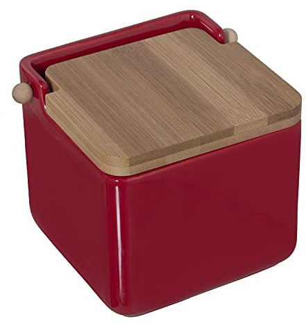 DRW Salero Original cerámica Cuadrado con Tapa madera12x12x12 cm (Rojo)