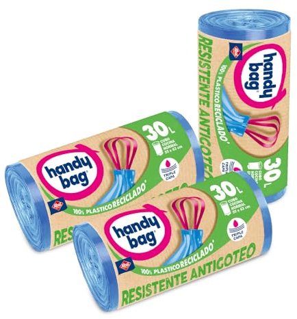 Handy Bag Basura Extra Resistentes, No Gotean, 45 Bolsas, Plástico, Azul, color Azul, 30 l, 650 g