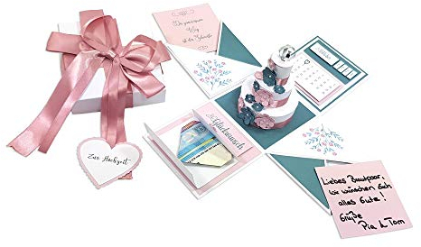 Frau WunderVoll® Explosionsbox Hochzeit Bastelset mit Aufklapp-Funktion Maße Box 10x10x10 cm (gefaltet), Gastgeschenk Geschenkbox Geldgeschenk Geschenk Party Scrapbook Vintage Party