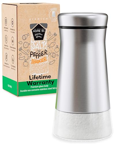 HOME EC Original Glass Salt shaker or Pepper Shaker with Adjustable Pour Holes - Stainless Steel Encased - For salts, ground peppercorns and spices - Great For Farmhouse or RV Camping