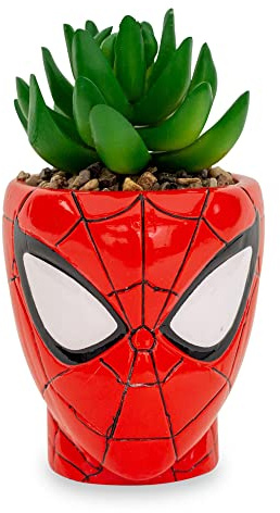 Marvel Comics Spider-Man Web-Head 3-Inch Ceramic Mini Planter with Artificial Succulent | Small Flower Pot, Faux Indoor Plants