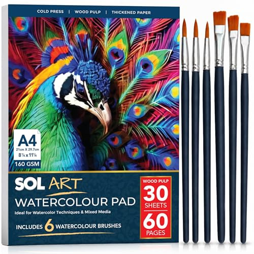 SOL Bloc de 30 feuilles de papier aquarelle A4 avec 6 pinceaux aquarelle, bloc de papier aquarelle A4 pour artiste et débutant, carnet de croquis aquarelle A4 pour l'art, papier de peinture aquarelle
