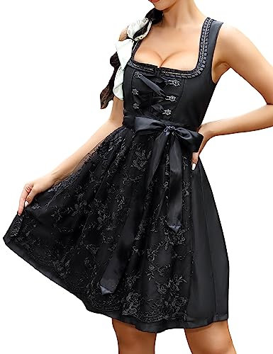 KOJOOIN Damen Dirndl 2tlg. Midi Trachtenkleid Kurz Dirndlkleid mit Dirndlschürze für Oktoberfest Schwarz B(High-End) 40