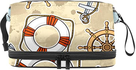 Multi-Functional Storage Travel Cosmetic Bag with Handle,Large Capacity Travel Cosmetic Bag,Nautical Anchor Rudder Compass Lifebuoy