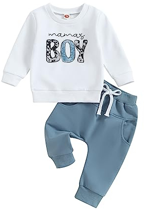 Carolilly Ensemble Vêtement Enfant Bébé Garçon de 2 Pièces, Sweats à Manches Longues + Pantalon Taille Elastique (0-3 Ans) (Bleu Blanc Lettres, 18-24 Months), Taille Fabriquant 100