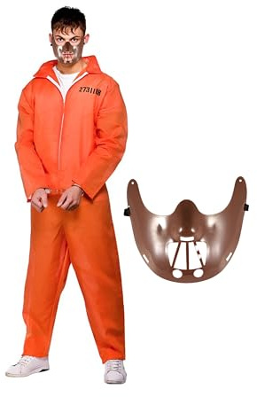 My Illusions Men's Orange Convict Jumpsuit + Cuffs + Hannibal Mask Adults Halloween Fancy Dress Costume (XL 50-52 Chest)