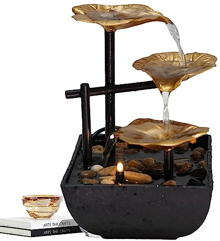 Tuzsocr Fontaine de Bureau d'intérieur,Cascade Ornements d'eau Courante,Décor de Table Zen Moderne en Métal,avec Lumières LED,pour la Décoration de la Maison,L'ameublement de Bureau,Chambre (Or)