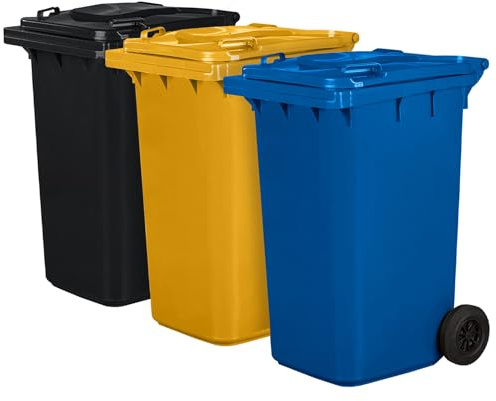 Juego de 3 cubos de basura para basura PN-EN 840, de 240 litros, con ruedas, sistema de enganche para extracción mecánica, de plástico, negro, amarillo, azul
