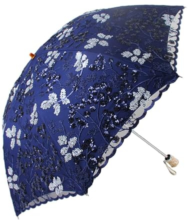 URFEDA Spitze Blumenstickerei Sonnenschirm, Damen Vintage Faltbarer Reiseschirm Bestickter Sonnenschirm UV-Schutz Spitze Parasol Frauen Doppelter Sonnenschirm Hochzeit Brautschirm für Outdoor Camping