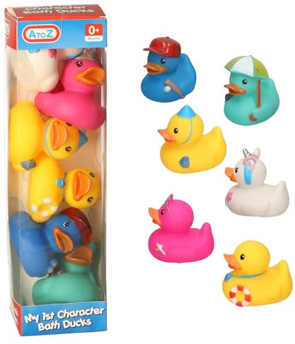 A to Z My 1st Character Bath Ducks Set, 6 Colourful Rubber Ducks, Baby Bath Toys, 0+ Months, Multicolor (Yellow, Pink, Blue, Mint Green)