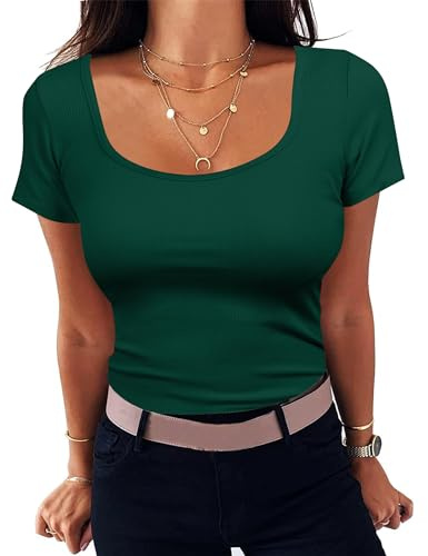 Aottori Short Sleeve T Shirts for Women Summer Casual Tops Ladies Square Neck Knitted Slim Fit Tee Shirts Lightweight Basic Tunic Top Green L