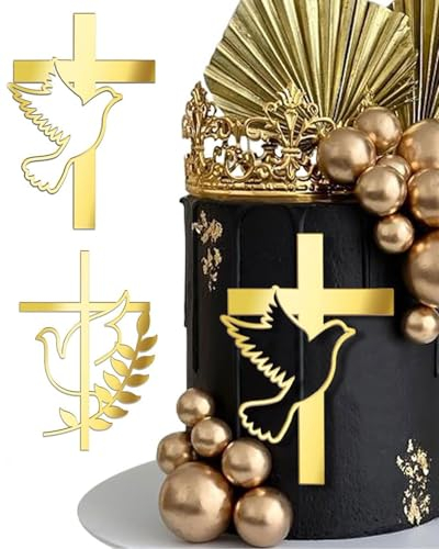 AORHOFJ 2PCS décoration de gâteau en Forme de Croix - en Acrylique - Effet Miroir irisé - pour Mariage, Anniversaire, Noël, fête et Plus Encore - Croix et Feuilles,Topper Communion