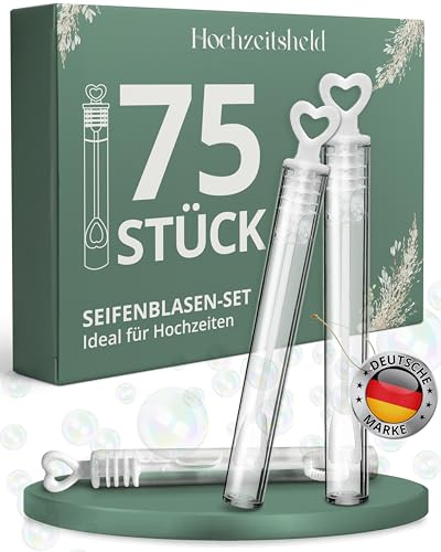 HOCHZEITSHELD Bolle di sapone per matrimonio, 75 pezzi, con manico a forma di cuore bianco, ideale come decorazione per ufficio di registro o sorpresa, perfetto come decorazione per matrimoni o con