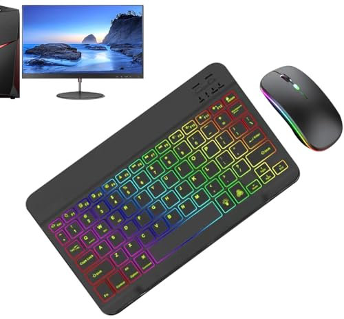Teclado inalámbrico y retroiluminación del - 2 Modos de luz con Set ratón RGB 7 Colores | Combo ergonómico para portátiles, PC Tableta, Elegante Funcional pa