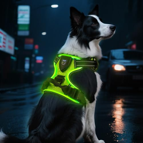 AUAUY Uppladdningsbar LED-hundsele, Ljusande Hundsele, Justerbar, Med Handtag, Andningsbar, Mjuk ch Förtjockad Säkerhetsväst för Små, Medelstora och Stora Hundar(Grön- S) | Ljusporslin LED reflekterande, 3 lägen belysning porslin, upplyst LED porslin, för liten medelstor stor hund