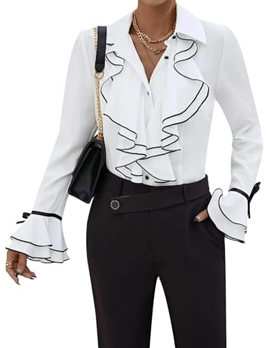 MINTLIMIT Ruffle Blouse for Women Neck Stand-Up Collar Long Sleeve Victoria Frilly Neck Blouse Shirt Tops White