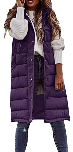 Women Quilted Gilets Longline Hooded Waistcoat Ladies Lightweight Padded Sleeveless Puffer Coat Zip Up Side Split Down Vest Long BodyWarmer Winter Jacket With Pockets Purple 4XL