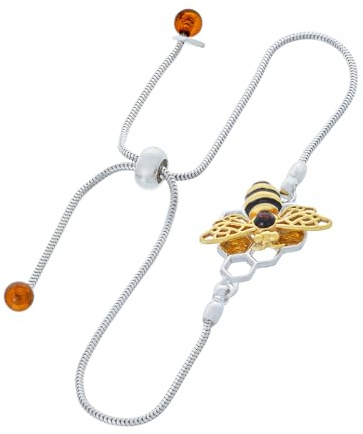 AMBEDORA dam silverkedja armband honungsbi mod.02 med bärnsten, sterling silver polerad och guldpläterad, bärnsten i konjak färg