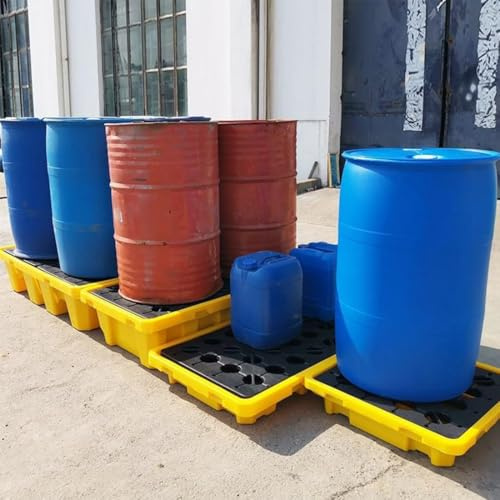 Piattaforma industriale di contenimento delle fuoriuscite con tasche di scarico e accesso al carrello elevatore vassoio impilabile a prova di perdite per stoccaggio di barili e movimentazione di