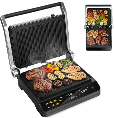 LEHMANN Kontaktgrill, 2000 W, Tischgrill 180° aufklappbar, Abnehmbare Antihaftplatten, Display: 10 Programme, Temperaturregelung 90-230°C, Timer 1-240 min, Elektrogrill für Toast, Steak, Panini