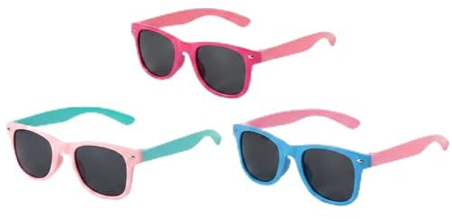 LINYIJOY Occhiali da sole per bambini, confezione da 3 pezzi, UV400, per bambini da 2 a 8 anni, montatura in silicone, stile retrò, rettangolari, colore rosa, blu, magenta, per spiaggia, estate