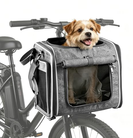 Hundkorg cykel fram 4-i-1, utbyggbar hundryggsäck hundcykelkorg, grå vikbar husdjursresväska med 4 nätfönster och 4 öppna dörrar, hundcykelkorg för katter och små hundar
