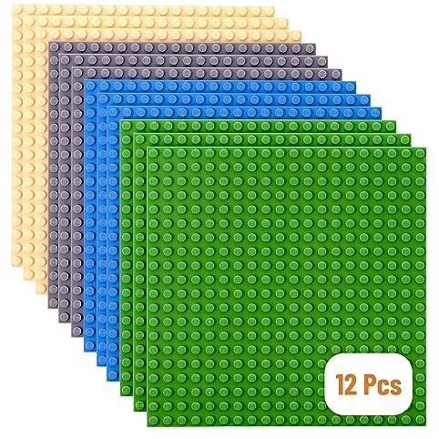 Strictly Briks Premium Green, Blue, Gray, Sand Colored 15cm X 15cm Construction Base Plate 12 Pack - Compatible with LEGO Blocks, Compatible with LEGO Baseplates