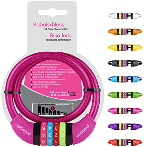 probock Fahrradschloss für Kinder Kabel-Schloss Zahlen-Code für Kinderfahrrad Laufrad -10 x 650 mm (rosa)