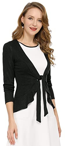 Allegra K Cardigan Dobladillo Rizado Rebeca De Punto Frente De Corbata para Mujeres Negro XS