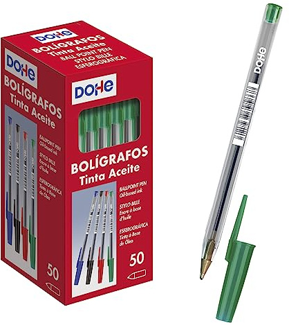 Dohe - Bolígrafos Verdes (50 uds.) - Punta Media 1,0 mm, Trazo 0,4 mm, Capucha y Clip de Sujeción, Material de Oficina