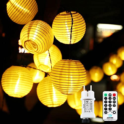 LED Lampions Lichterkette Außen Strom, 10m 50Led Erweiterbar 8 modi Lichterkette Lampion mit Fernbedienung Memoryfunktion Timer Stecker Laterne für Weihnachten Terrasse Balkon Garten Deko Warmweiß