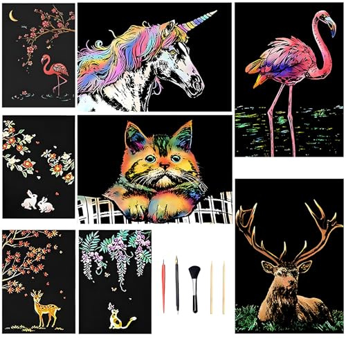 Animal Scratch Art, Foil Handmade Scratch Painting Art and Crafts Gifts Colour Scratch Paper Engraving Art with 5pcs Professional Pen and Brush (8)