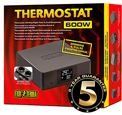 Exo Terra Thermostat mit Tag-/ Nacht-Zeitschaltuhr und Zwei Anschlüssen, steuert Heizgeräte bis zu 300W pro Anschlussdose