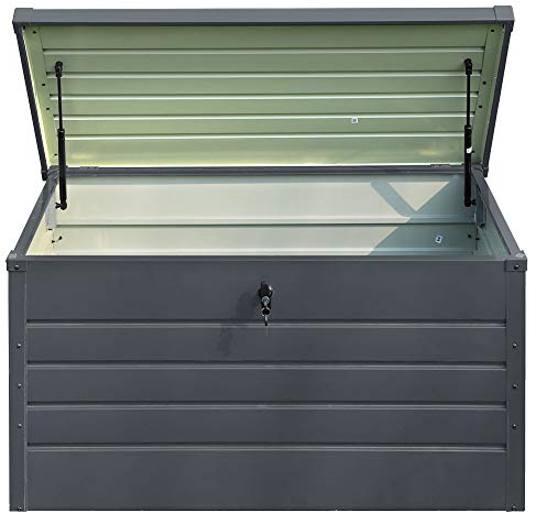 DKIEI 360L Garden Metal Storage Box Waterproof Outdoor Storage Container Furniture Deck Box Storage Bench with Lockable Lid for Patio Cushions Tools and Pool Toys Black, 120x61x63CM