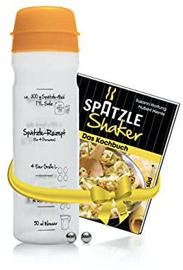 Set für Spätzle: Spätzle-Shaker (ORANGE) für 4 Portionen Spätzle (875ml) Das patentierte Original Made in Germany + Kochbuch