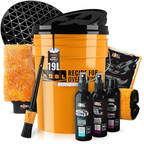 Auto Waschset: ADBL Wascheimer Set (19L | orange) + Schmutzsieb + Deckel für die Auto Handwäsche - schonende Reinigung, Pflege & Versiegelung von Lack und Felgen - Autopflege, waschen | 10-teilig