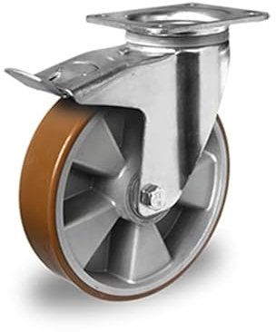 Schwerlast Lenkrolle mit Bremse und 250 mm Durchmesser - Aluminiumfelge mit Polyurethan Lauffläche und 800 kg Traglast pro Rolle