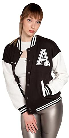 Divadames Womens Jacket Varsity Ladies Letterman Baseball Jacket (UK, Numeric, 10, Regular, Regular, Black)