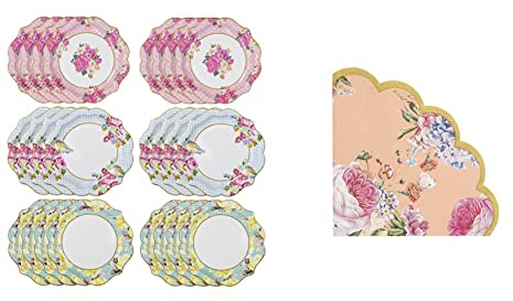 Talking Tables Pack of 24 Afternoon Tea Vintage Floral Paper Plates | Truly Scrumptious & Pack of 20-Size 30cm Truly Scrumptious Afternoon Tea Party Floral Napkins Quality Scalloped Vintage Syle