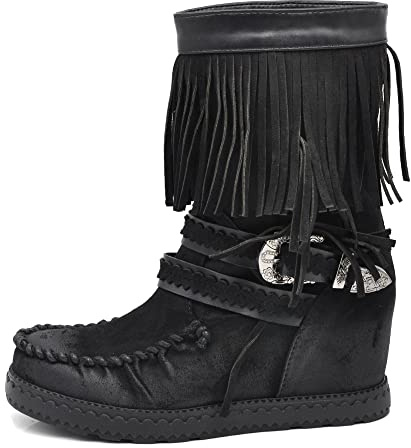 IF Fashion Scarpe Stivali Stivaletti Indianini da Donna Zeppa Interna Frange Fibbia 9669 Nero N.37