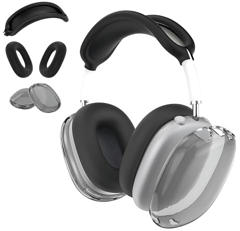 Aiivioll Custodia 3 in 1 in silicone per cuffie AirPods Max, in morbido TPU trasparente, copertura per auricolari e archetto per AirPods Max (2024/2020), cuscinetti auricolari per AirPods Max (nero)