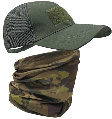 ehsbuy Camouflage Mesh Casquettes de Baseball Homme avec Refroidissement Cache Cou Militaire Ajustable Casquette Trucker Tour de Cou Tactique Airsoft Casque pour Chasse Sports de Plein Air