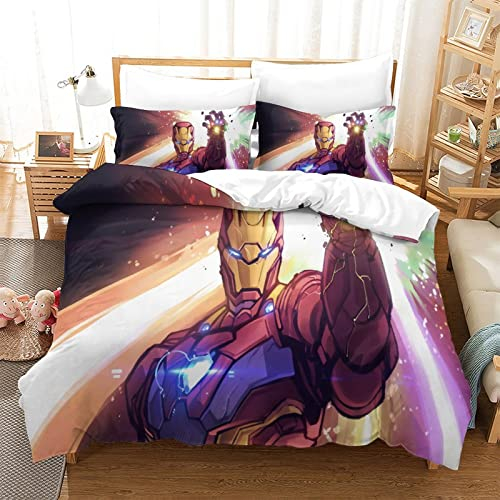 Gerrit Bedding Double Bed Set Iron Man Printed Double Size Bedding Sets Super Soft Microfiber Duvet Covers with Zipper with Pillowcases Hypoallergenic for Kids Teenagers Adult Aged Bedding