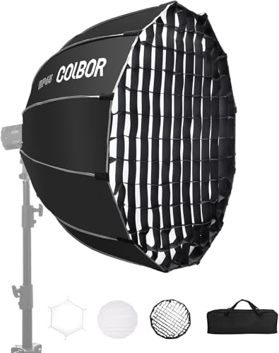 Softbox Parabolico, COLBOR BP65 65cm Softbox a Sgancio Rapido 16 Nervature con Doppio Diffusore, Griglia a nido d'ape, Compatibile con COLBOR Serie CL60/CL100X/CL100 e Altre Luci Bowens Mount